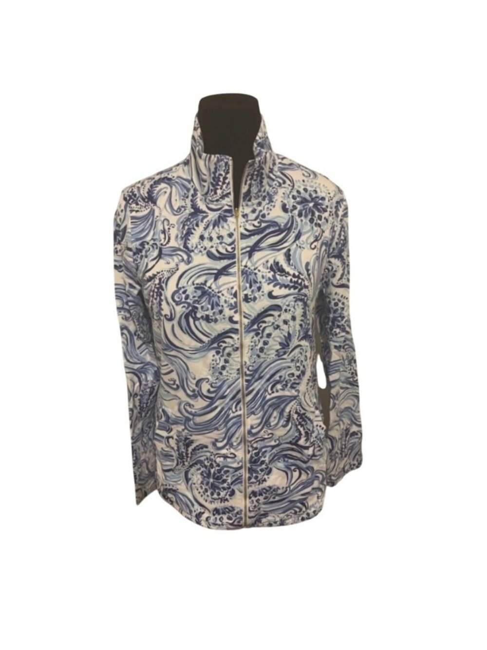 Lilly Pulitzer Leona UPF 50+ Womens XS Zip-Up Jacket Blue & White gold detail